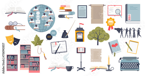 Literature object collection with books or reading tiny person collection, transparent background.Set with library, school, education and knowledge elements illustration.