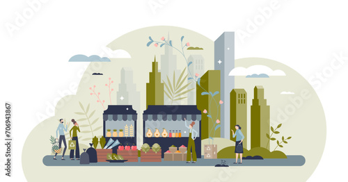Street markets and local grocery or food outdoor stands tiny person concept, transparent background.Farmer marketplace ir urban environment for fresh products retail illustration.
