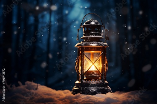 Lantern in a snowy forest at night. Travel concept.