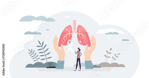 Tuberculosis awareness or TB lung bacterial infection tiny person concept, transparent background. Respiratory illness with medical pathology illustration. Bronchitis, asthma, cancer.