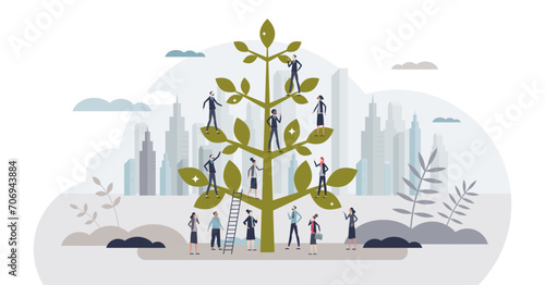 Career growth and business development with progress tiny person concept, transparent background.Successful profit company as growing plant with employees illustration.