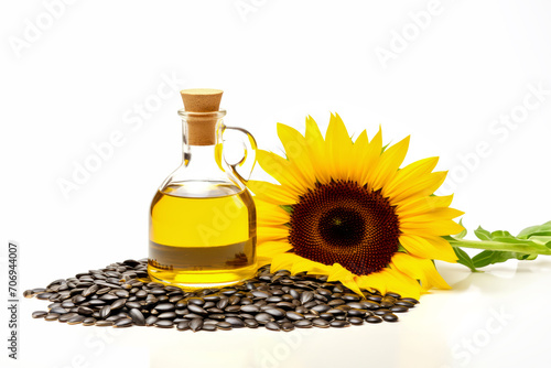 Organic sunflower oil. Glass bottle with natural sunflower oil and sunflower flower with black seeds on white background. Healthy food. Concept of harvest and oil production