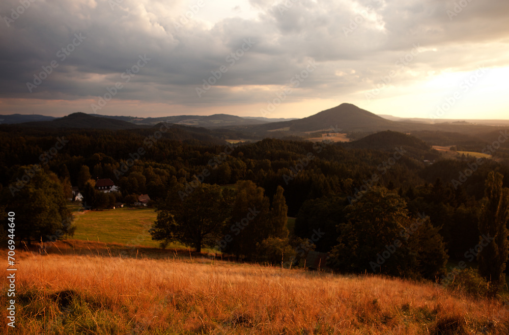 Beautiful sunset in the mountains landscape. Jetrichovice, Czech-Saxon Switzerland
