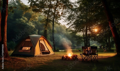 Camping picnic tent campground in outdoor hiking forest.