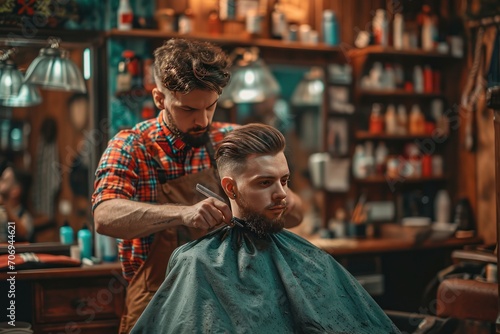 A dapper hairstylist trims the hair of a male customer. Generative Ai.