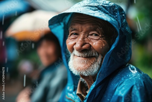 Portrait of an elderly man wearing a blue raincoat, smiling in the rain, reflecting the rich cultural heritage.