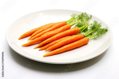 Carrots on a plate isolated on white background. Top view.