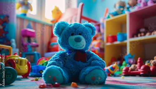 Blue teddy bear nestled in a child's playroom, surrounded by toys and vibrant colors