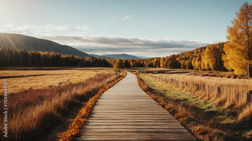 beautiful summertime bridge and wild in natural wooden path panorama image
