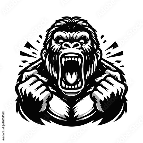 Vector logo of a raging gorilla. Professional logo of a mad kong. Black and white logo of an ape isolated on a white background.