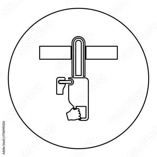 Chainsaw sawing board woodchopper concept lumberjack arborist cutting deforestation prunes sprinking icon in circle round black color vector illustration image outline contour line thin style photo