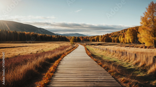 beautiful summertime bridge and wild in natural wooden path panorama image 