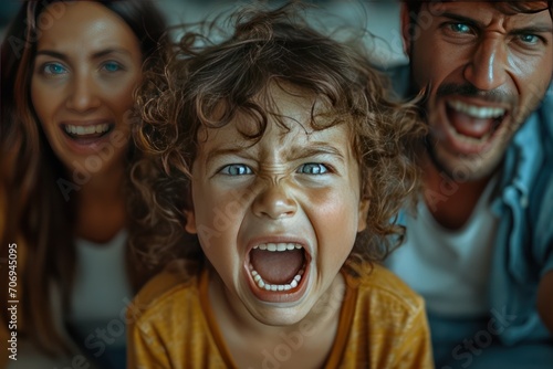 A scream-loving, angry child with helpless parents. Generative Ai.