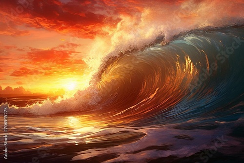 An ocean wave with a sunset backdrop. Generative AI