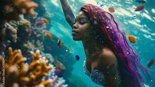 Close up photo of real black mermaid with purple red hair swimming underwater near coral reef with colorful fish, fantasy © john