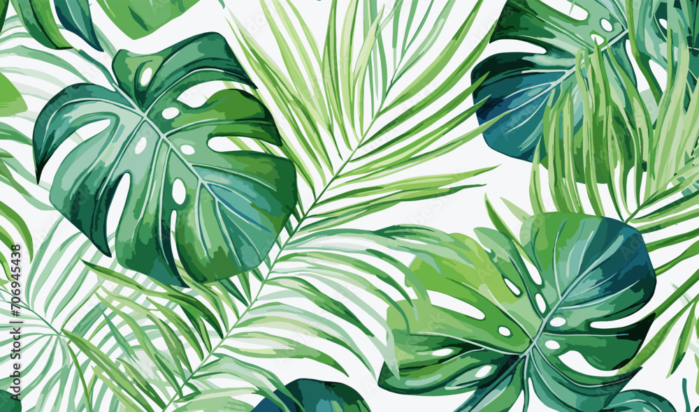 Watercolor tropical seamless pattern: botanical leaves - obrazy, fototapety, plakaty 
