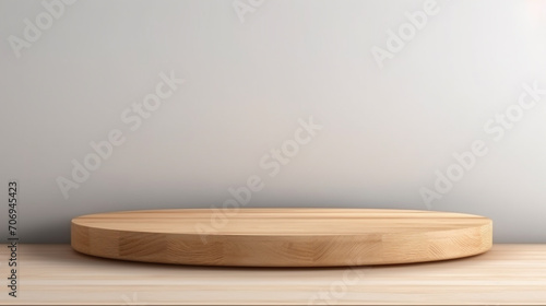 Round wooden podium on beige background background. Minimal podium. Empty showcase for eco cosmetic product presentation