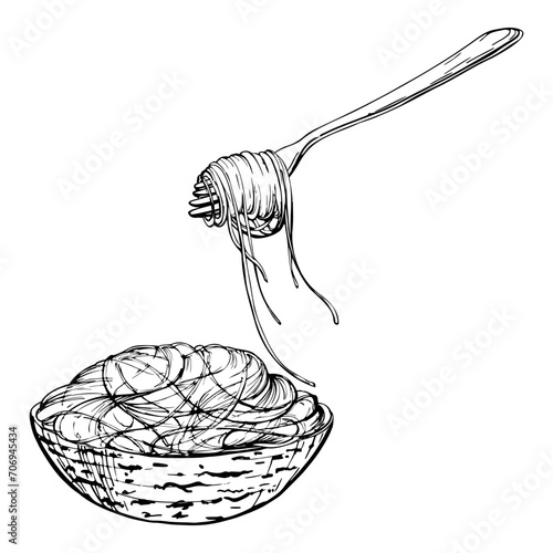 Hand drawn vector ink illustration. Pasta Italian eating dish spaghetti vermicelli noodles twisted on fork and in bowl. Composition isolated on white. Restaurant menu, food shop package, flyer, print.