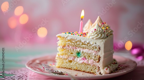A piece of bright birthday cake on a pink background