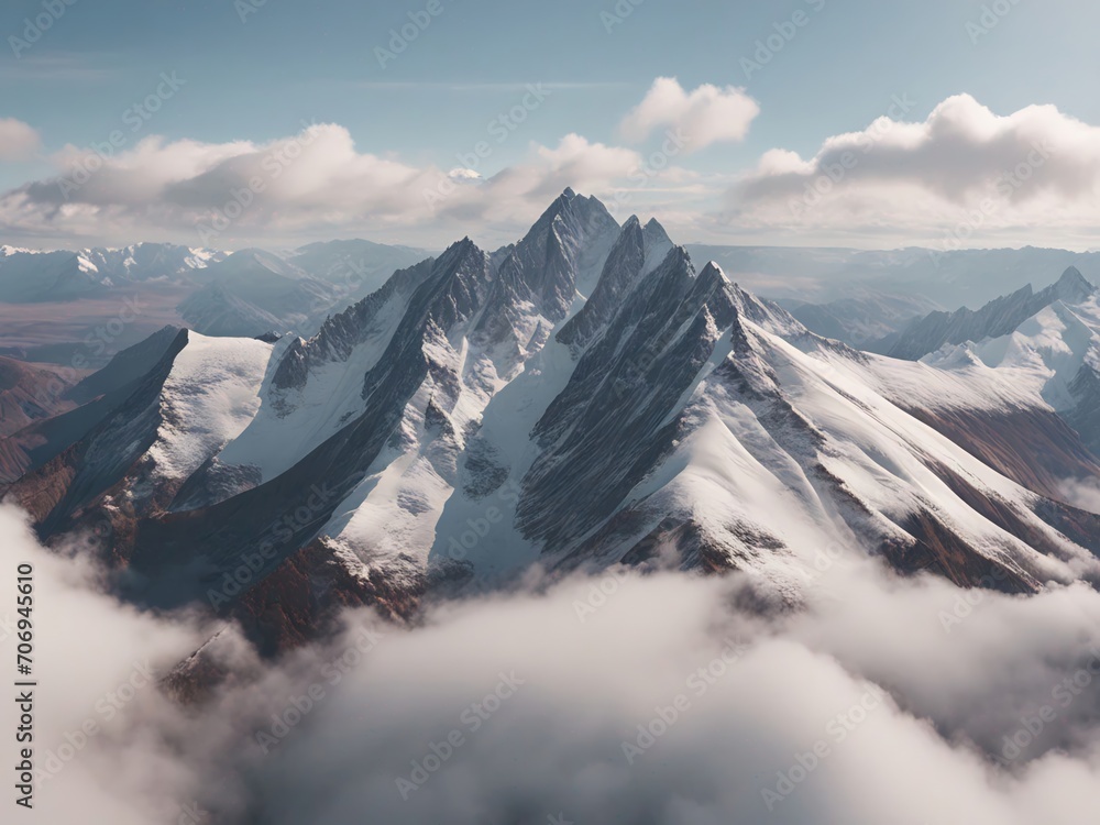 View of snow covered mountain range in the morning, Clouds beneath peaks, over the lower hillsides. View of snow covered mountain range in the morning, Clouds beneath peaks, over the lower hillsides.