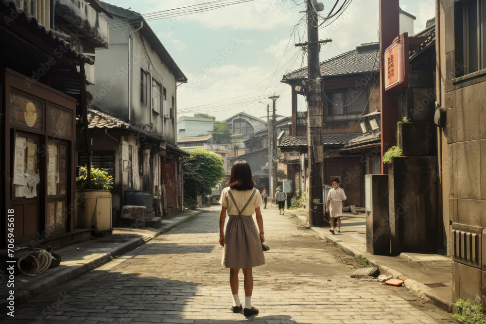 下町路地と少女。架空の日本の昭和イメージ。古い写真、Generative AI - obrazy, fototapety, plakaty 
