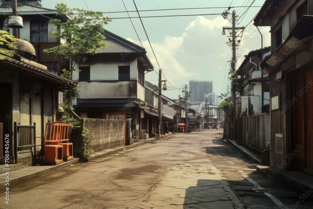 東京の住宅街。架空の日本の昭和イメージ。古い写真、Generative AI