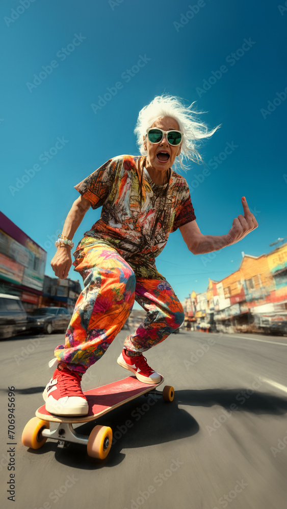 An old lady in her 80s rides a longboard with an action camera in her hands