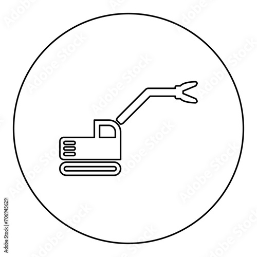 Sloopkraan building machine demolish wrecking cut knife crane truck icon in circle round black color vector illustration image outline contour line thin style
