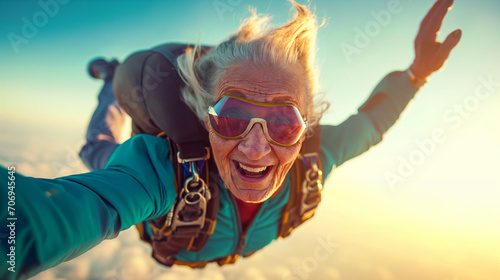 cheeky old lady goes skydiving with an ecgene camera in her hand. 