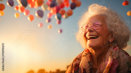 A cheerful old lady laughs in front of inflatable balloons flying into the sky.