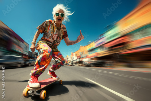 An old lady in her 80s rides a longboard with an action camera in her hands photo