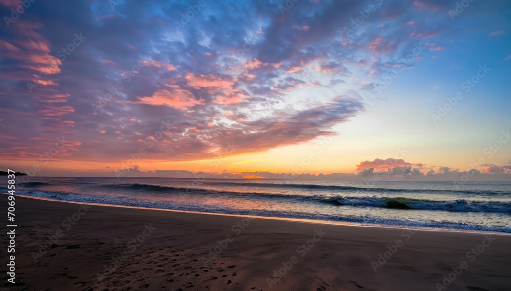 Dawn on the beach with brightly colored clouds, beneath a rock with beautiful shapes