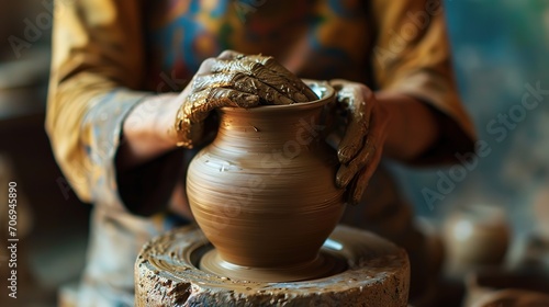 The potter's hands are gently and surely formed by a clay pot on a potter's wheel. The master potter works in a workshop. Hobbies and leisure photo