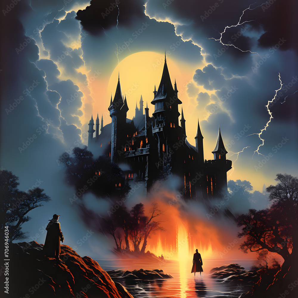 Naklejka premium A time-worn castle, bathed in an eerie glow from the dancing flames and sporadic lightning, is guarded by a knight donned in a black robe, creating a haunting tableau.