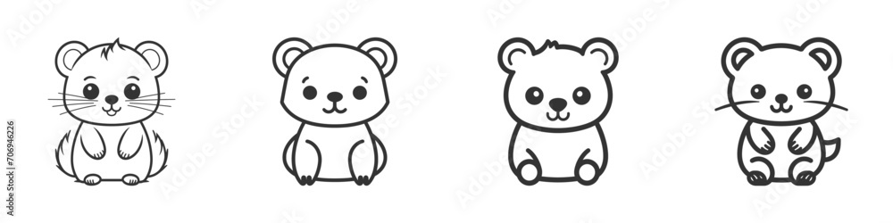 Fototapeta premium Cute cartoon bear line icon set. Vector illustration