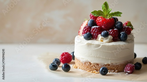 Close-up. Creamy cheesecake with strawberries and fresh summer berries. Healthy food. Cooking pastry background