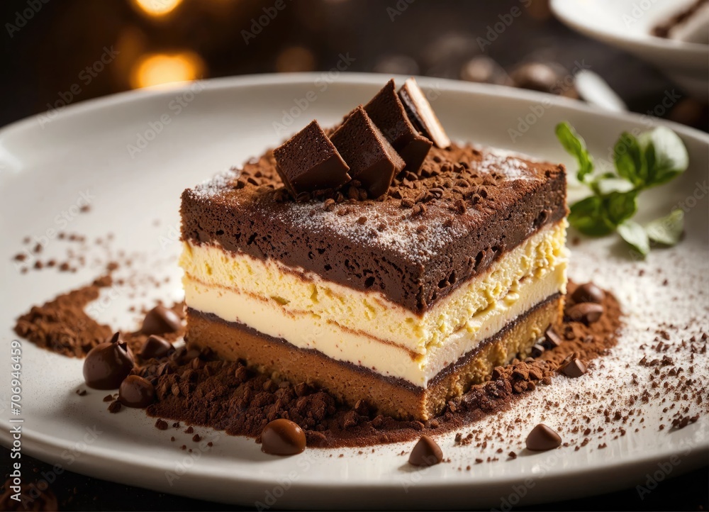 Tiramisu topped with a creamy blend of mascarpone, sugar, vanilla Tiramisu topped with a creamy blend of mascarpone, sugar, vanilla