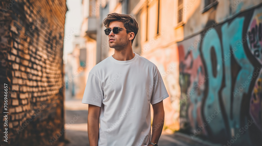 Fototapeta premium A young man in a classic oversized white blank T-shirt, blue jeans and sunglasses stands on a city street. Style and fashion clothing mock up template.