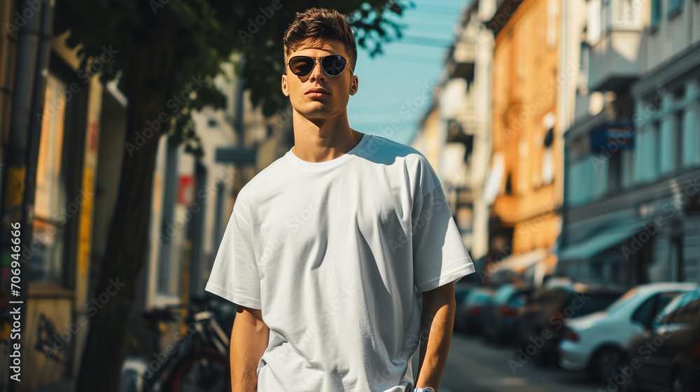 A young man in a classic oversized white blank T-shirt, blue jeans and sunglasses stands on a city street. Style and fashion clothing mock up template.