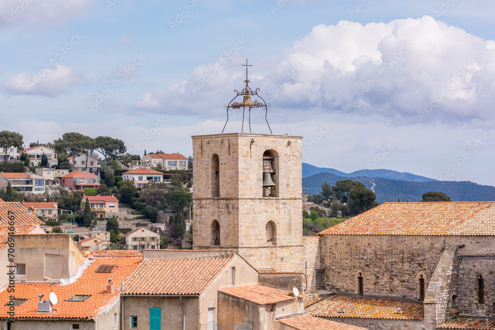 Scenic view of old church bell tower in Hyeres south of France against dramatic sky