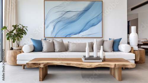 Relaxed Elegance  White Sofa and Live Edge Coffee Table in Coastal Home Interior