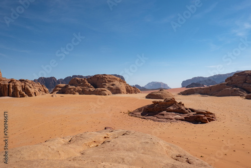 A captivating view of the Wadi Rum desert in Jordan, showcasing its rocky terrain and sandy expanses.