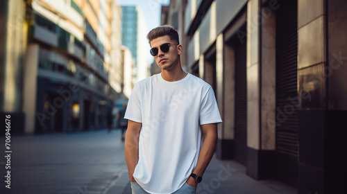 A young man in a classic oversized white blank T-shirt, blue jeans and sunglasses stands on a city street. Style and fashion clothing mock up template.