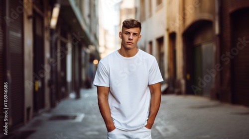 A young man in a classic oversized white blank T-shirt, white trousers stands on a city street. Style and fashion clothing mock up template.