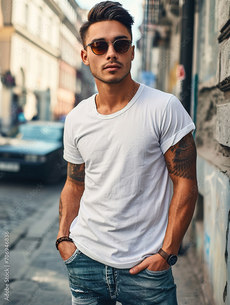 A young man in a classic oversized white blank T-shirt, blue jeans and sunglasses stands on a city street. Style and fashion clothing mock up template. A young man in a classic oversized white blank T-shirt, blue jeans and sunglasses stands on a city street. Style and fashion clothing mock up template.