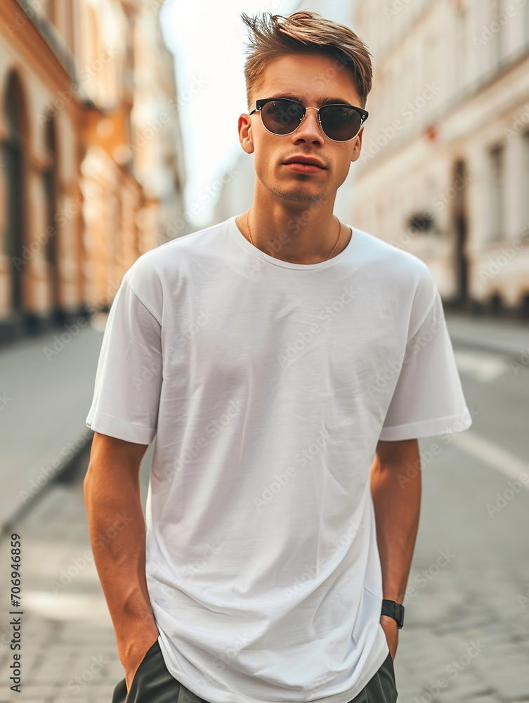 A young man in a classic oversized white blank T-shirt, blue jeans and sunglasses stands on a city street. Style and fashion clothing mock up template. A young man in a classic oversized white blank T-shirt, blue jeans and sunglasses stands on a city street. Style and fashion clothing mock up template.