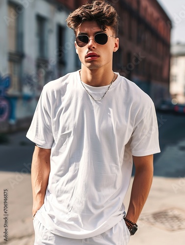 A young man in a classic oversized white blank T-shirt, blue jeans and sunglasses stands on a city street. Style and fashion clothing mock up template.