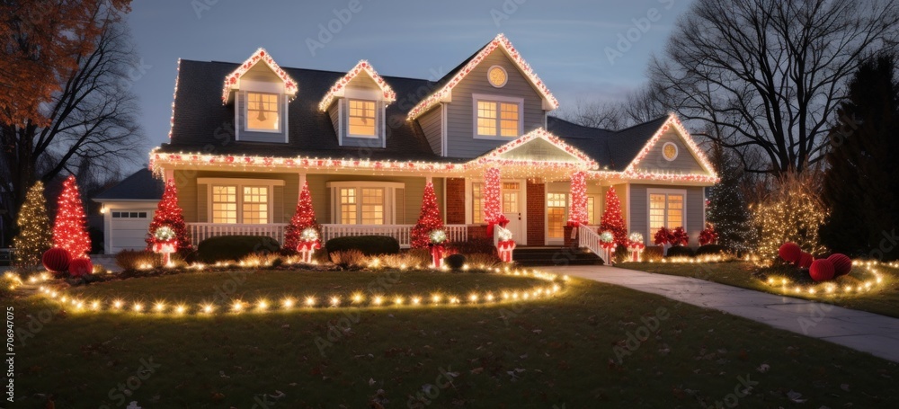 Illuminated house decorated for Christmas with lights and wreaths. Holiday home decor. Illuminated house decorated for Christmas with lights and wreaths. Holiday home decor.