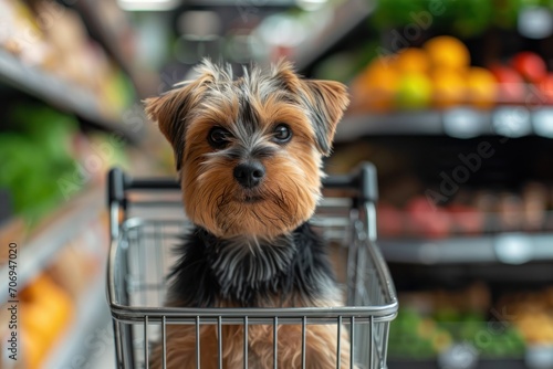 Adorable, humorous puppy at the supermarket grocery shopping. Generative Ai.