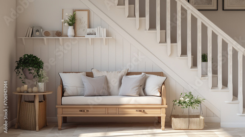 Country Elegance: Loveseat Sofa Near Wooden Staircase in Modern Entryway